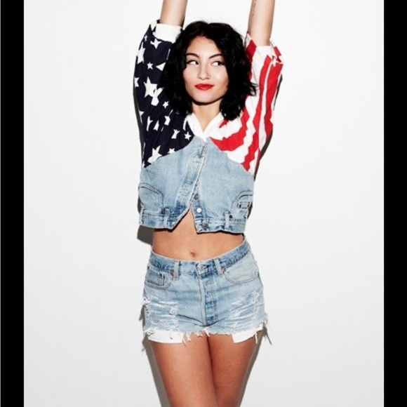 Fredrick’s of Hollywood Denim American Flag Cropped Jacket - Picture 1 of 7